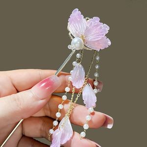 Horquilla de aleación para mujer con borla larga, estilo chino, adorno para el cabello con pétalos azules, perlas de hada, decoración para Cheongsam, joyería para moños. - Product Image 4