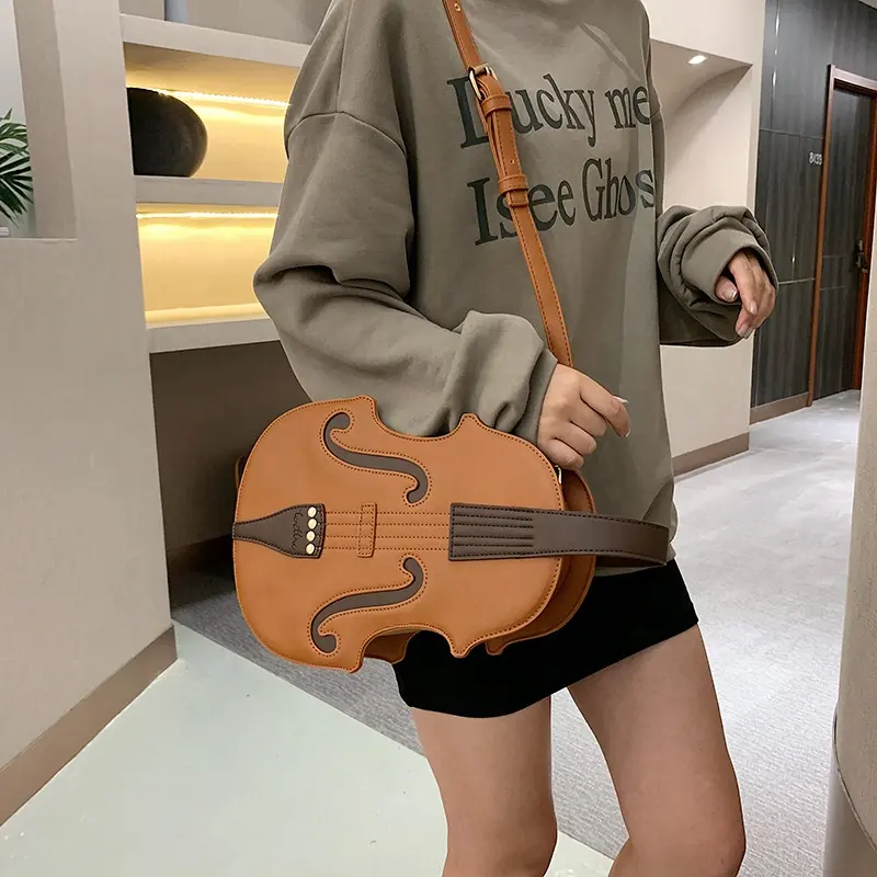 Cartoon Violin Style PU Brown Mini Double Metal Lock Adjustable Detachable Shoulder Strap Smooth Zipper Handbag Shoulder Bag