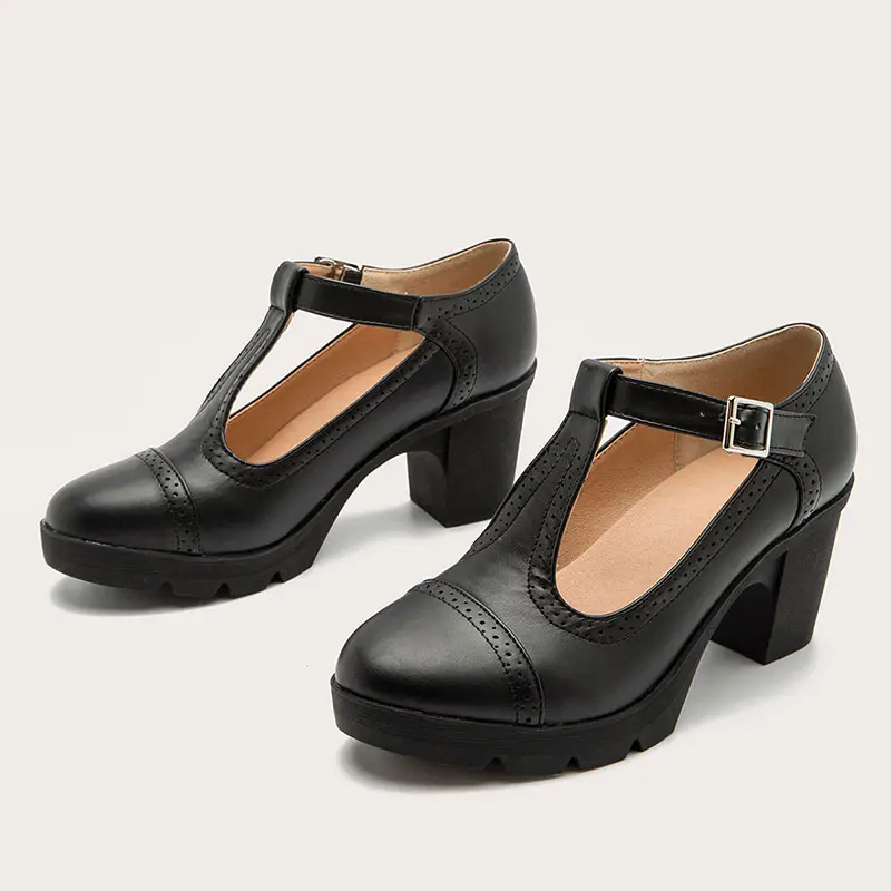 महिलाओं के चमड़े के क्लासिक टी-पट्टा मंच चंकी मध्य-एड़ी वर्ग पैर की अंगुली Oxfords पोशाक पंप जूते