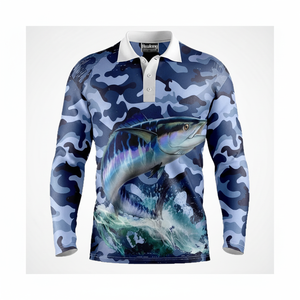 Camisetas impresas de pesca Logotipo personalizado al aire libre UPF50 + Protección solar Impresión de sublimación de secado rápido Camiseta Polo de pesca de manga larga - Product Image 1