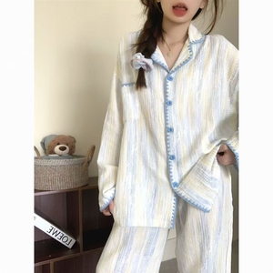 Frühlings-Pyjama für Damen aus Wolkenbaumwolle mit Langen Ärmeln, Kleinem Revers und Hose - Lässiges Schlafanzug-Set - Product Image 3