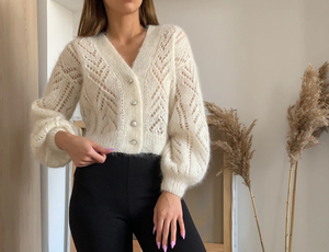 Mohair – Cardigan en soie de couleur blanche, Cardigan court en Jacquard ajouré <span class=keywords><strong>avec</strong></span> boutons en <span class=keywords><strong>perles</strong></span> naturelles - Product Image 3
