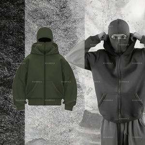 Sweat à capuche oversize en molleton français de poids lourd 600 g/m² pour homme, vert armée, uni, streetwear, 100 % coton, fermeture éclair sur le devant, cagoule - Product Image 3