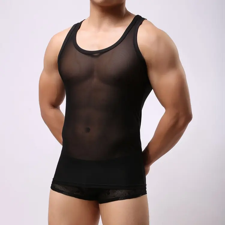 Elegant Bottoming Tees Sexy Rose Lace Tanks Tops Pajamas For Men Summer men Tank Top Fitness Sleeveless Sport T Shirt