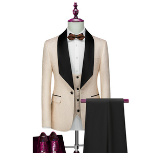 (Veste+Gilet+Pantalon) Costume 3 Pièces pour Homme Col Châle en Jacquard avec Col en Satin Noir, Smoking de Marié Terno, Veste et Pantalon pour Homme - Product Image 3