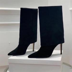 Winter Pointed Toe on Ankle <b>Boots</b> Ladies Turned-Over Suede Short Booties Women Stiletto High Heel Shoes - Product Image 5
