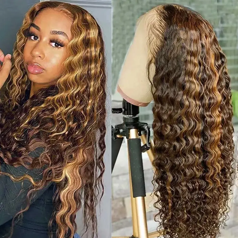 Wholesale Highlight wig Brown Deep Curly Pre Plucked Transparent 13x4 Lace Frontal Wigs Piano Color Honey Blonde Human Hair Wigs