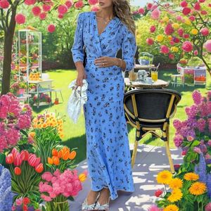 Vestido Maxi de Mujer con Estampado Floral Azul Claro, Cuello en V, Mangas Abullonadas, Cinturón Tejido, para Oficina, Primavera y Otoño - Product Image 2