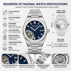 Montre mécanique automatique de luxe pour homme, boîtier et bracelet en acier inoxydable doré, cadran squelette personnalisé, étanche, vente en gros - Product Image 2