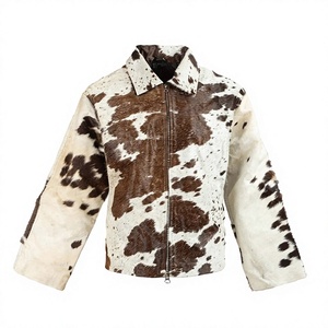 MH Womens Genuine Leather Cowhide Knitted Winter Ranch Style Zipper Jacket Brown & White <b>Cow</b> <b>Print</b> Eco-Friendly - Product Image 1