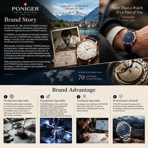 PONIGER – montre-bracelet à Quartz pour hommes, boîtier en acier inoxydable doré, bracelet en cuir véritable, miroir saphir, Date automatique, résistant à l'eau - Product Image 3