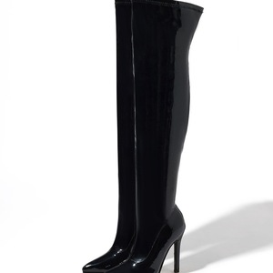 Botas de tacón alto de aguja con punta para mujer, por encima de la rodilla, de charol elástico, con cremallera lateral, talla grande - Product Image 4