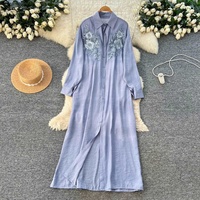 Robe longue élégante pour femme, style coréen, à manches longues, broderie florale rétro française, rouge, amincissante, pour l'automne