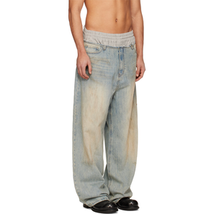 Pantalon en jean ample bleu clair délavé style Y2K pour homme, coupe décontractée, taille élastique, double ceinture, coupe baggy, vente en gros - Product Image 3