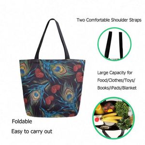 Bolso de mano elegante con plumas de pavo real, bolso grande de lona para el hombro, bolso de compras duradero y reutilizable - Product Image 3
