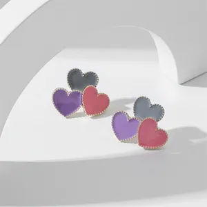 Women Fashion Cute Heart Stud Earring Colorful 3 Small Heart Designed Ear Piercing Stud