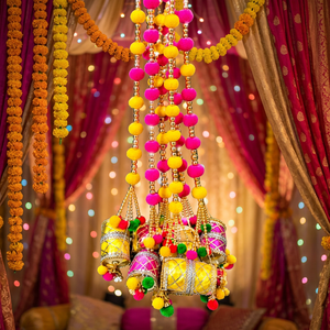 Décoration suspendue Latkan de fleurs artificielles haut de gamme avec fleurs en tissu indien traditionnel, perles et pompons pour Mandap de mariage - Product Image 4