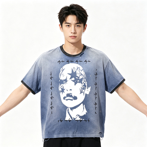 Camiseta Azul Gris Oscuro de Estilo <span class=keywords><strong>Vintage</strong></span> con Estampado de Retrato, Cuello en Contraste, Efecto Desgastado y Agujeros, Estilo Streetwear - Product Image 1