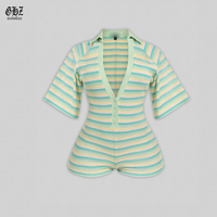 Combinaison courte rayée à manches courtes pour femme, col polo, col en V, boutonnée, coupe ajustée, style bodycon, décontractée, été, une pièce, pour femmes