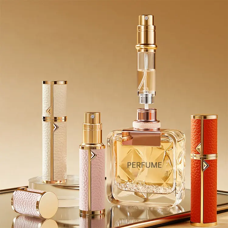 Botella de perfume de lujo Última gama alta 5ml mini carcasa de aluminio relleno de cuero botella de perfume de viaje de lujo