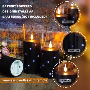 3 bougies <span class=keywords><strong>LED</strong></span> sans flamme à motif vertical noir pour Halloween - Bougies <span class=keywords><strong>LED</strong></span> scintillantes - Avec télécommande à 11 touches et minuterie - Product Image 3