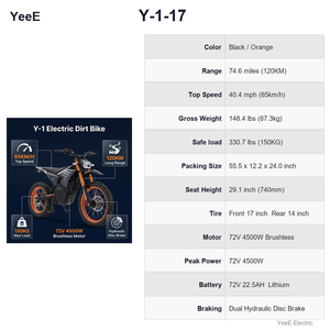 Motocicleta Todoterreno para Adultos Y-1-17, 72V 22.5AH 4500W, Almacén en EE. UU., 120 km, 65 km/h, Motocross OEM - Product Image 4