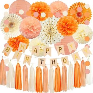 Orange Beige Fall Boho Birthday Party Decoration for Women Girls with Paper Lanterns Paper Pom Poms Paper Fans Tassel Garland