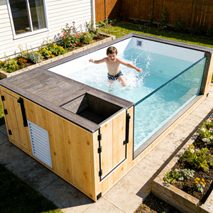 Piscina elevada con marco de madera, ventana de vidrio y filtro integrado para casa y patio. - Product Image 1