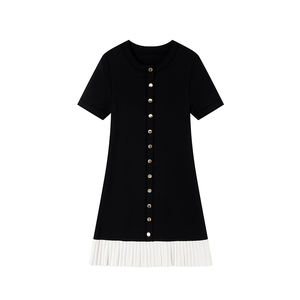 针织品厂家批发春夏黑色圆领短袖套头衫女式针织毛衣百褶裙 - Product Image 1