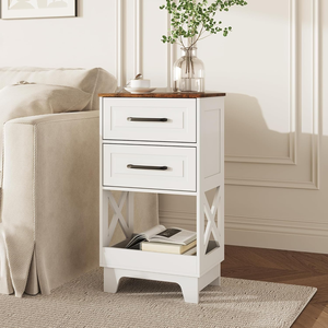 Set of 2 <strong>Tall</strong> Nightstands, 2-Drawer Wooden End Tables with Open Shelf, Rustic Modern <strong>Bedside</strong> <strong>Cabinets</strong> for Bedroom - Product Image 4