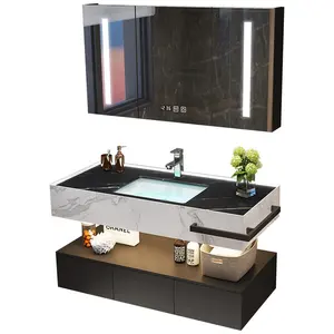 石板农舍浴室梳妆台与水槽组合豪华风格现代60英寸双水槽和带存储的镜子