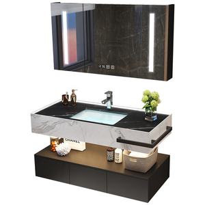 Vasque de salle de bain en pierre de roche avec combinaison de lavabo, style luxueux moderne, double vasque de 60 pouces et miroir avec rangement - Product Image 1