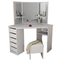 Coiffeuse de chambre moderne personnalisée en mélamine écologique avec panneau réglable, miroir et piètement en acier inoxydable blanc