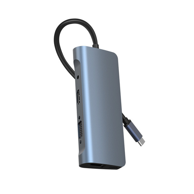 Aluminum Shell 9 in 1 Usb-C Hub with HDMI+VGA+USB3.0+2.0+PD+SD/TF+100 Mbit/S Network Port+3.5mm 9 in 1 Type c Hub Usb C Adapter