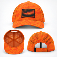 Casquettes de baseball 6 panneaux en gros, personnalisables, camouflage orange, patch drapeau en caoutchouc, perforées au laser, respirantes, performance sportive