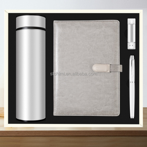 Groothandel Aangepast Logo A5 Pu Lederen Notebook + 304 Vacuümfles + Pen + Usb Flash Drive Fles Geschenkset