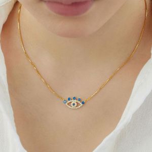 Dylam Trending Design Sterling Silver Rhodium 18K Gold Plated <b>Box</b> Chain Evil Talismans 5A Zirconia Blue Eyes Pendant Necklace - Product Image 2