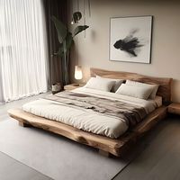 Lit double de style Wabi-Sabi du milieu du siècle, suite principale, lit bas en bois massif de 18 m avec fonctionnalités personnalisables