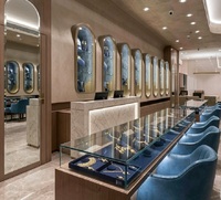 Solution Complète Clé en Main pour Magasin de Bijoux de Luxe en Bois et Velours Bleu avec Éclairage LED pour Centre Commercial de Luxe à Mur Arqué
