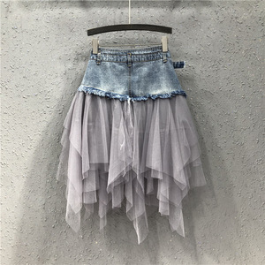 Nuove gonne da donna in pizzo Patchwork in maglia <span class=keywords><strong>Denim</strong></span> vita alta a linea asimmetrica con volant Tulle Gothic Chic gonne - Product Image 3