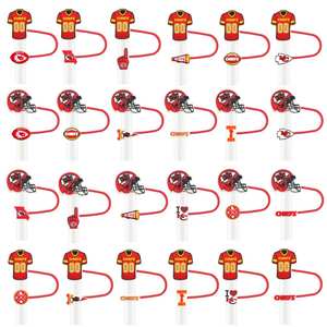 Fundas de paja de Rugby <span class=keywords><strong>City</strong></span> <span class=keywords><strong>Chiefs</strong></span> para taza de café Topper tapas de paja de silicona personalizadas accesorios de encanto de paja - Product Image 1