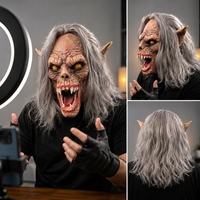 Masque en latex de monstre loup-garou effrayant, tête entière, visage de bête d'horreur avec cheveux gris, yeux jaunes, crocs pour Halloween, cosplay, accessoires de fête