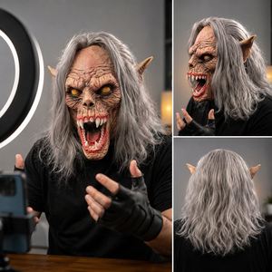 Masque en latex de monstre <span class=keywords><strong>loup</strong></span>-<span class=keywords><strong>garou</strong></span> effrayant, tête entière, visage de bête d'horreur avec cheveux gris, yeux jaunes, crocs pour Halloween, cosplay, accessoires de fête - Product Image 6