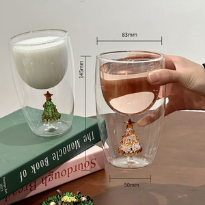 Tasse en verre à double paroi Bravo personnalisée, motif sapin de Noël, version décorative festive, coffret cadeau, pour café, jus, verres à boire - Product Image 1