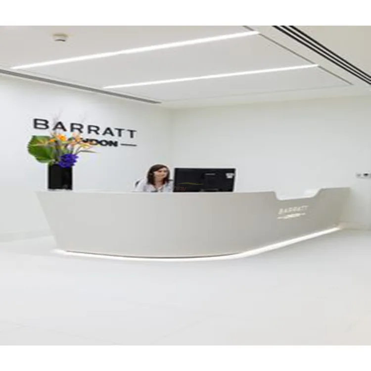 Good-looking curve design pure white backlit logo design acrylic solid surface long reception counter