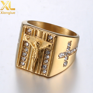 Anillo Religioso de Cruz de Jesús para Hombre, Chapado en Oro de 18K, Acero Inoxidable - Product Image 1
