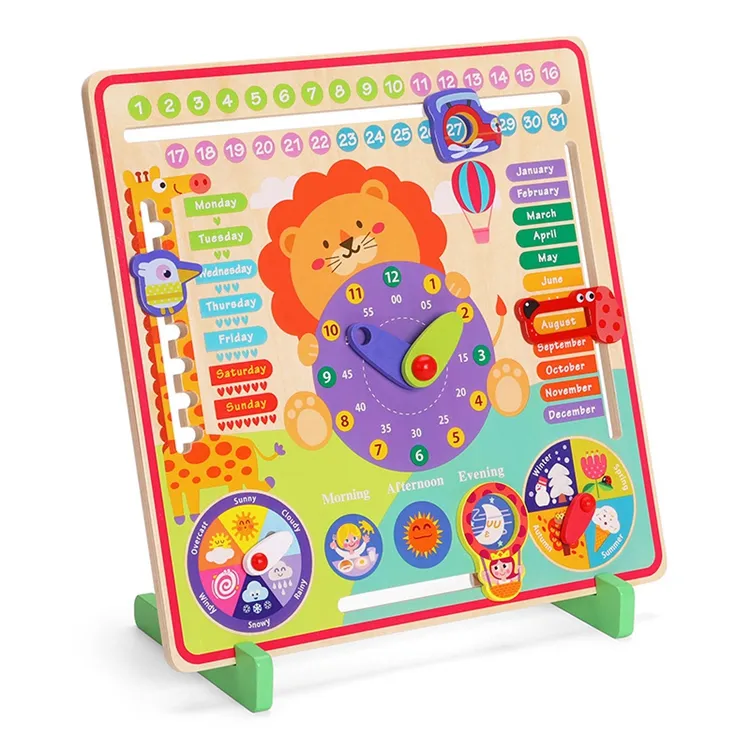 QINGTANG Montessori Time Teaching Clock Calendar Weather Season Cognitive Wooden Calendar clock toy