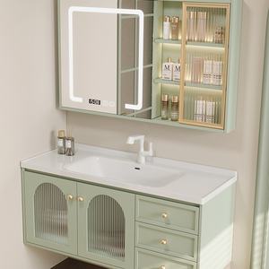 Mueble de baño de lujo medieval con encimera de roca negra, espejo con almacenamiento y lavabo. - Product Image 2