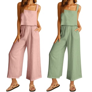 OEM Summer Solid Two Piece <strong>Sets</strong> Casual Sleeveless <strong>Square</strong> Collar Shirt and Loose Straight Pants Suits Women Cotton Linen <strong>Set</strong> - Product Image 6