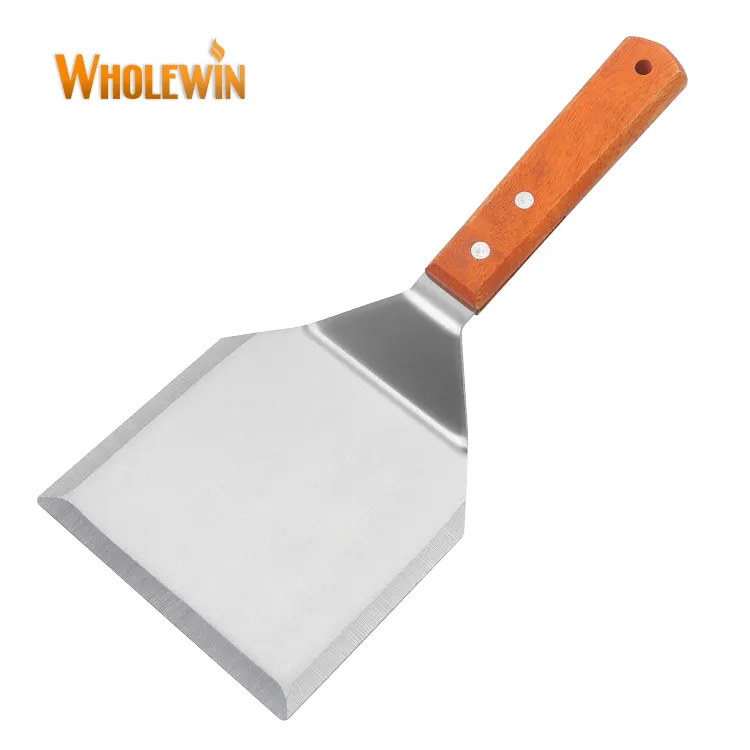 Stainless Steel Wide Blade Large Grilling Tool Hamburger Turner Steak Spatula with Wooden Handle for Griddle Grill